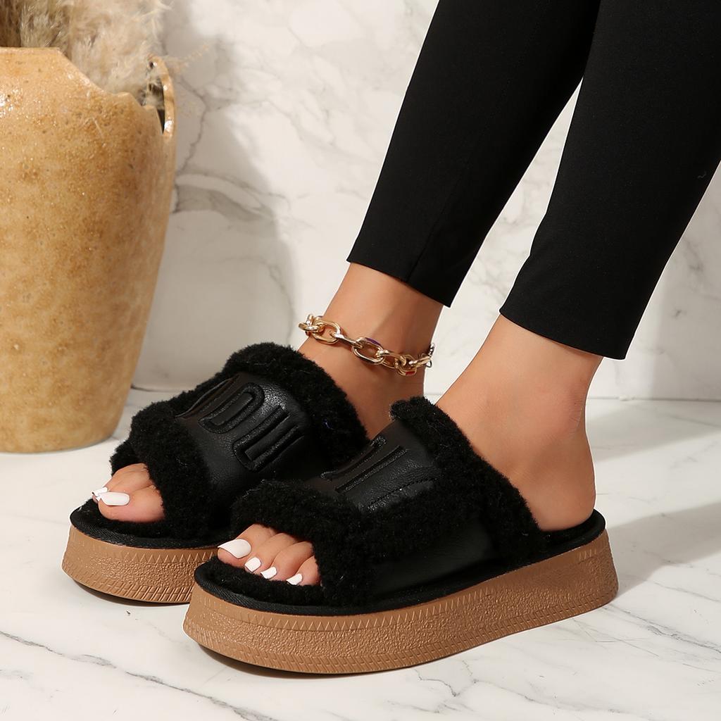 Fashion Cozy Plush Platform Slippers Women 2024 New Open Toe Furry Sandals Home Fashion Casual Designer Slippers Women Slides Women