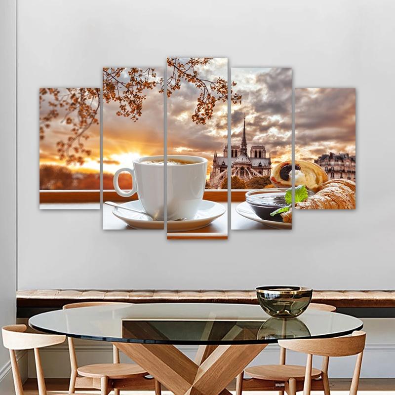 5 Panels Coffee Posters Wall Art Modern Home Decor Sunrise Canvas Prints Food Painting Tree Pictures Dining Room Restaurant