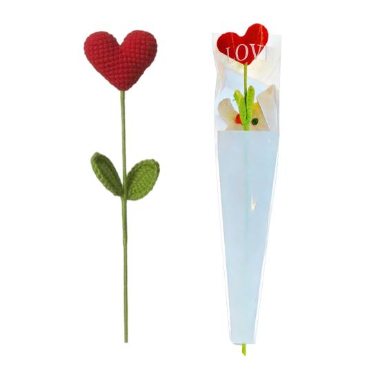 Crochet Heart Picks Handmade Knit Red Heart Bouquet with Green Leaves Valentine's Day Vase Filler for Table Centerpiece Home Decor