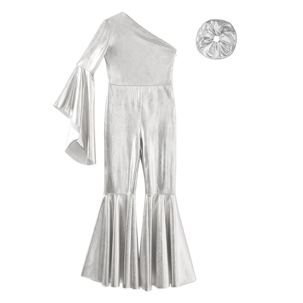 Девочки Блестящий Расклешенный Танцевальный Костюм Модный Комбинезон на Одно Плечо с Расклешенным Рукавом Повязка для Волос Головной Убор для Выступлений