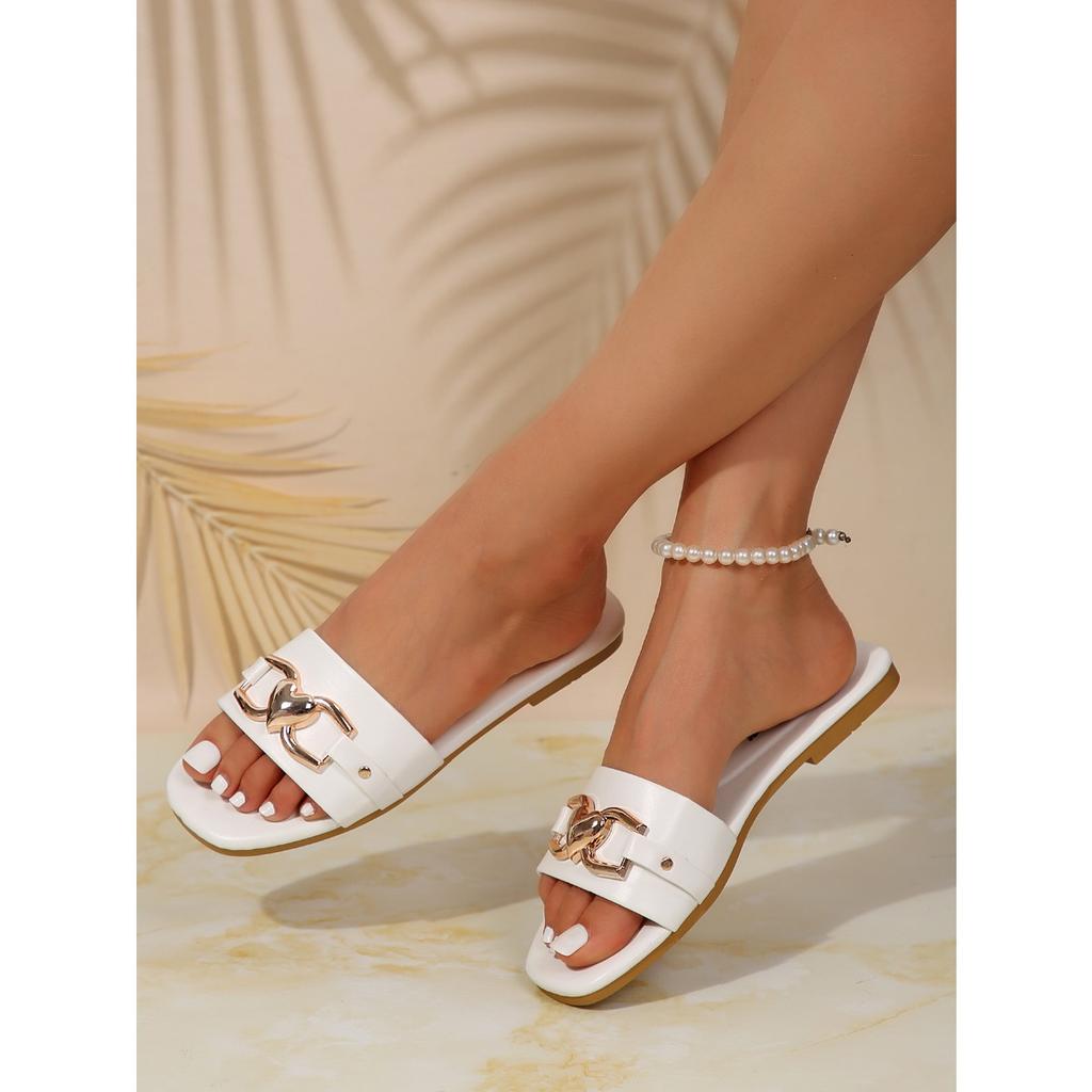 Women's New Fashion Slippers, Classic Temperament, Versatile Solid Color, Metal Decoration Square Head Flat Sandals