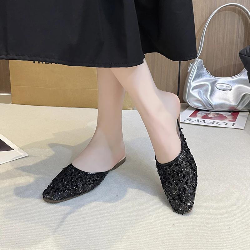 2026 new summer fashion luxury flat heel party shoes flat slip-on casual comfortable ladies diamond slippers