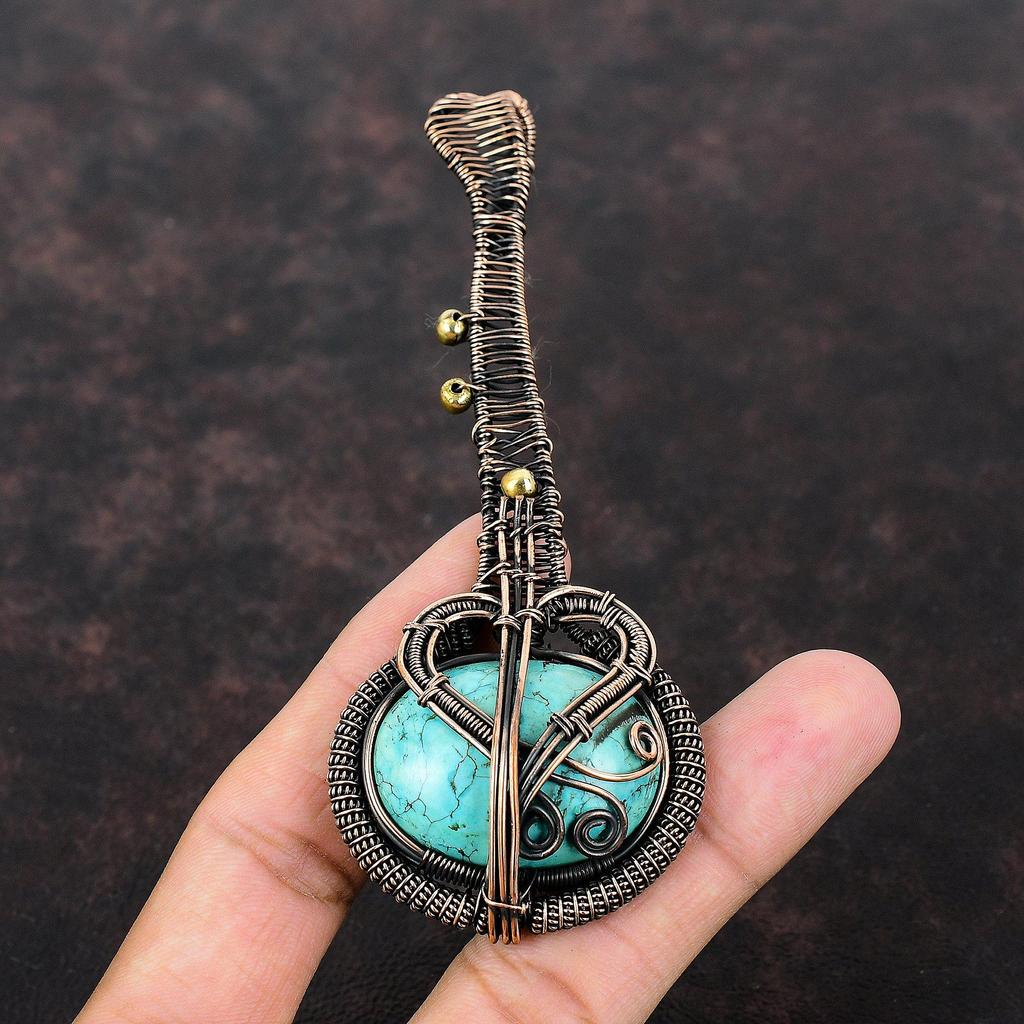 Тибетский бирюзовый кулон, обернутый медной проволокой, драгоценный камень, уникальный медный проволочный ювелирный кулон, ручная работа, гитара, бирюзовый ювелирный подарок