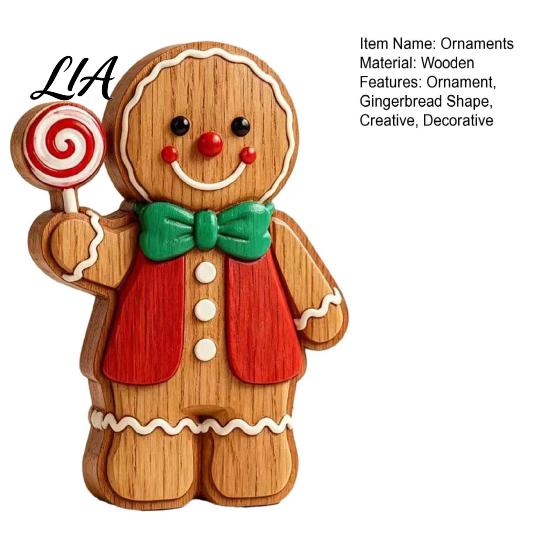 Christmas Party Supplies Cartoon Gingerbread Wooden Ornament, Double-sided Printed Desktop Tabletop Figurines, Festive Window Display Decorative Craft