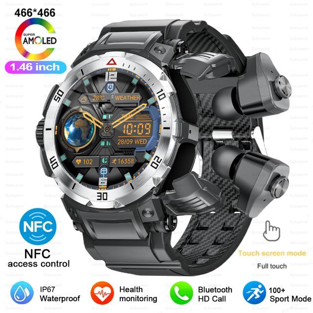 Новые 1,46-дюймовые Amoled Оригинальные умные часы Наушники TWS 2-в-1 Мужские для активного отдыха Bluetooth-звонки NFC Умные часы Локальная музыка