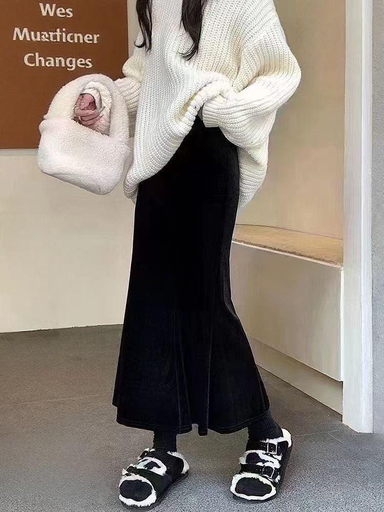 Юбка-годе из бархата с высокой талией для женщин - Мода осень/зима 2025, Приталенный стиль миди, облегающий бедра