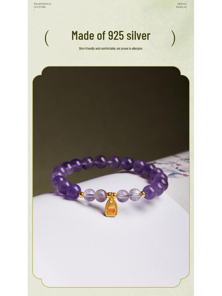 S925 Sterling Silver Zodiac Ox Amethyst Beaded Bracelet for Women