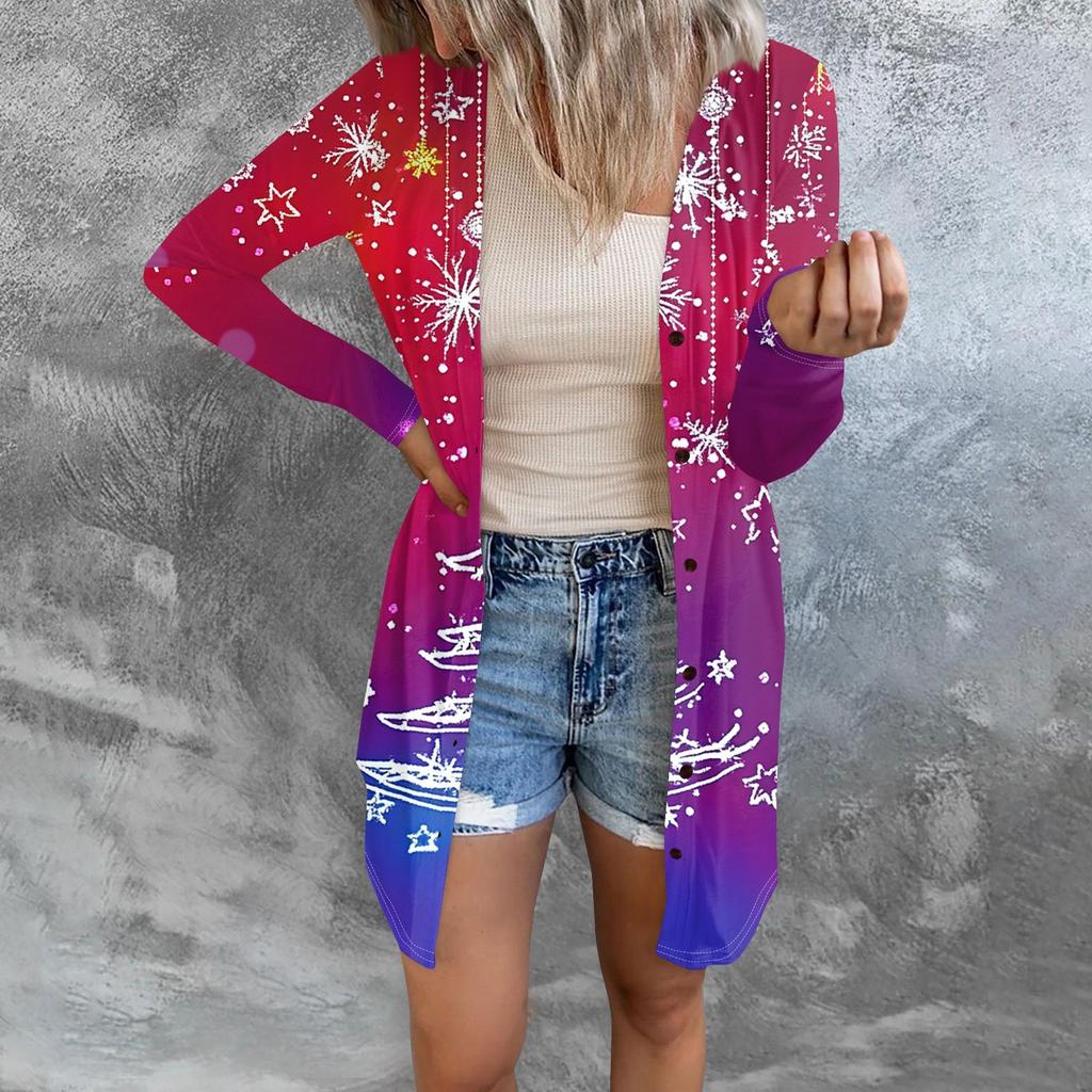 Women's Fashion Casual Long-sleeved Print Medium Length Cardigan Button Jacket Coat