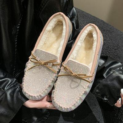 Импортные товары, большой размер 44, зимние бархатные шапочки, женские теплые хлопковые туфли, мокасины со стразами и встроенным мехом, женские туфли