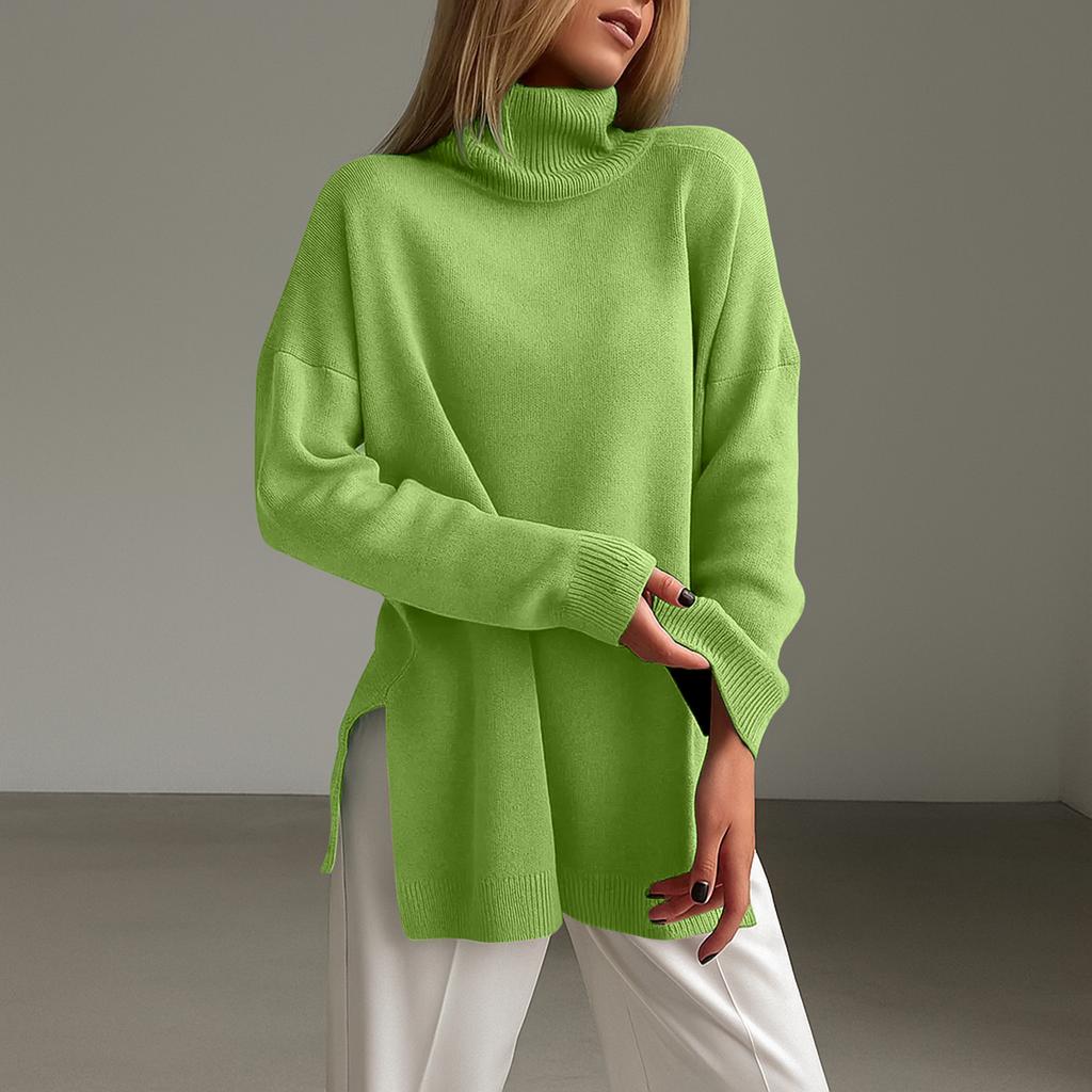 Women's Fashion Casual Solid High Collar Hem Split Long Sleeve Sweater Top