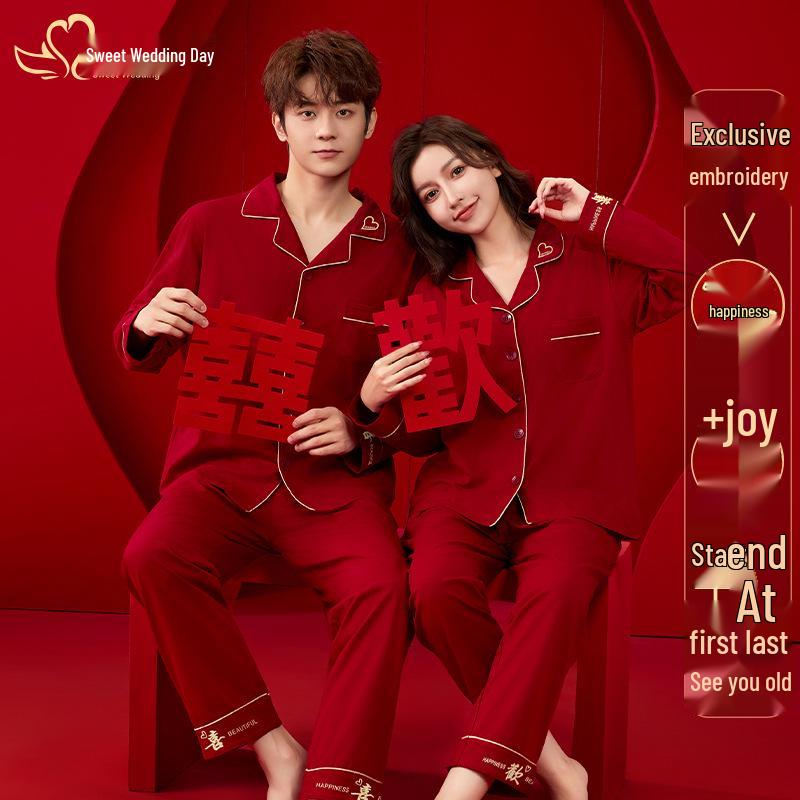 Радость вместе: Романтические красные хлопковые парные пижамы - Свадебные праздничные, удобные и долговечные.