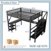 Двухъярусная кровать размера Queen Size с письменным столом и лестницей, Металлическая рама двухъярусной кровати с полками для хранения, Зарядная станция и светодиодная подсветка, Игровая Lof