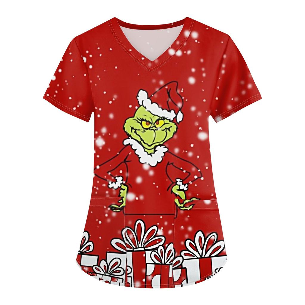 Women's Christmas Printing Uniform Work Uniform V-Neck Pocket Protective Work Uniform