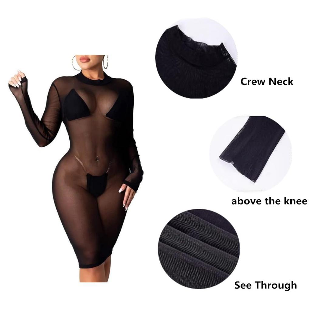 Сексуальное Мини Черное Тонкое Марлевое Бикини С Длинным Рукавом Прозрачное Пляжное Стройнящее Повседневное Летнее Прозрачное Сексуальное Подходит для Летних Курортных Клубов [Getrays]