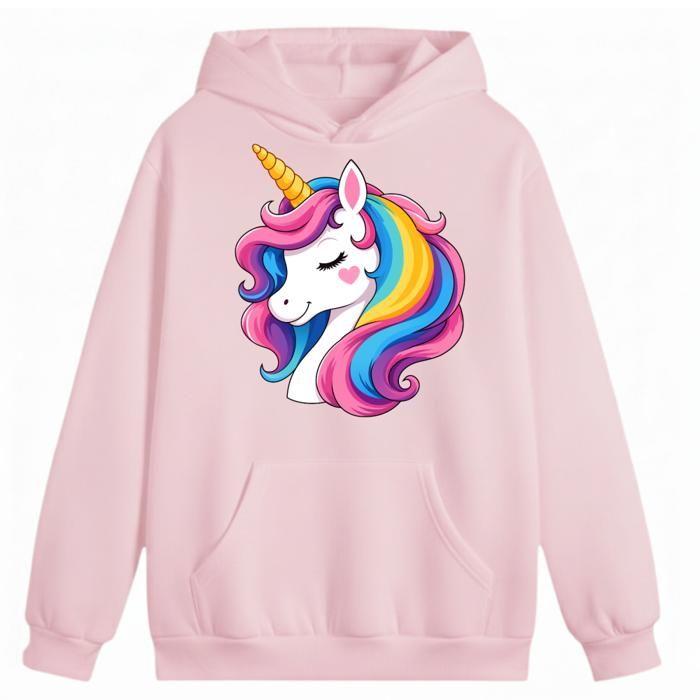 Sweat à Capuche Enfant Fille - Motif Licorne Arc-en-ciel - 3 à 14 Ans - Rose