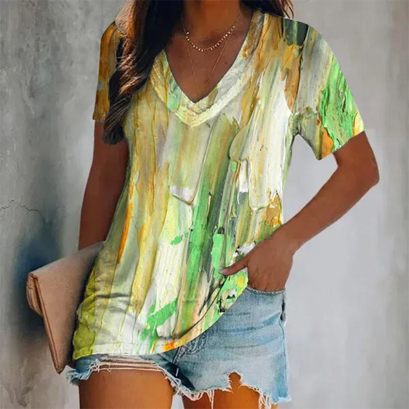 Женская новая футболка с короткими рукавами и V-образным вырезом, цветной принт, короткий рукав, свободный женский топ, дышащая футболка в стиле Y2K