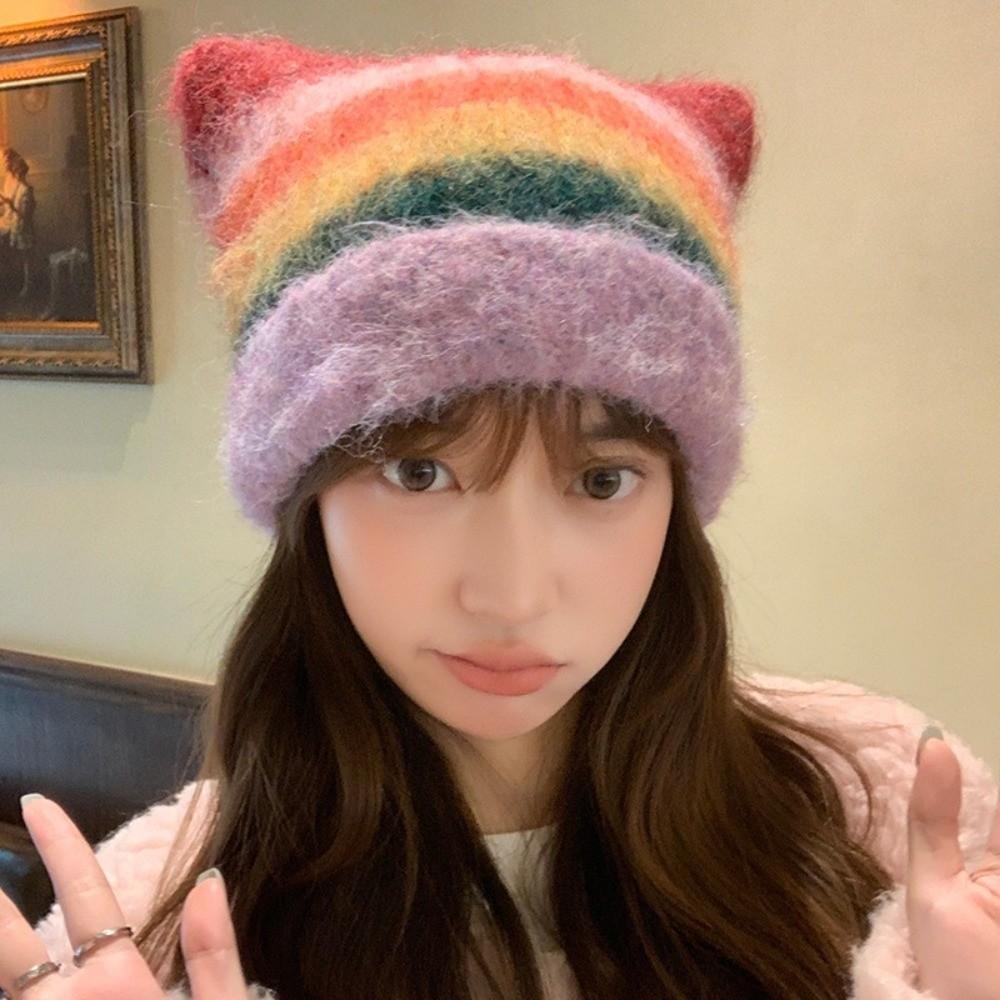 Rainbow Cat Ears Pullover Hat Gradient Woolen Knitted Hat Cute Striped Bucket Hat Autumn Winter