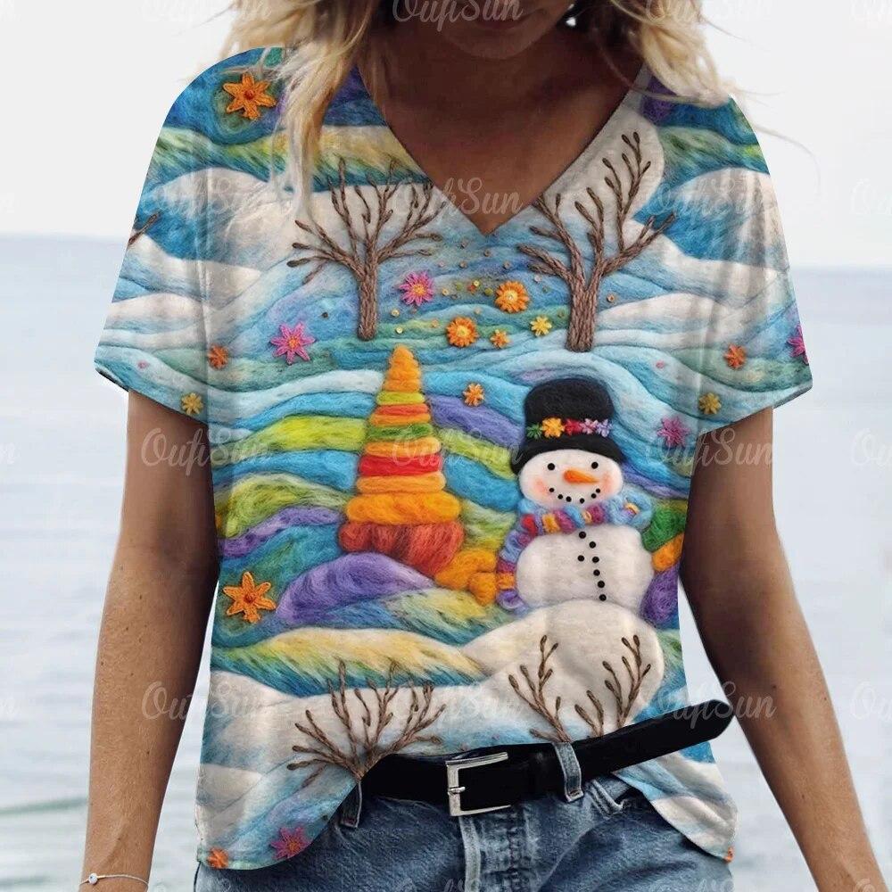 Новая рождественская женская футболка с 3D принтом Санта-Клауса, футболки с короткими рукавами и v-образным вырезом, уличная одежда большого размера, женский пуловер в стиле Харадзюку, топы