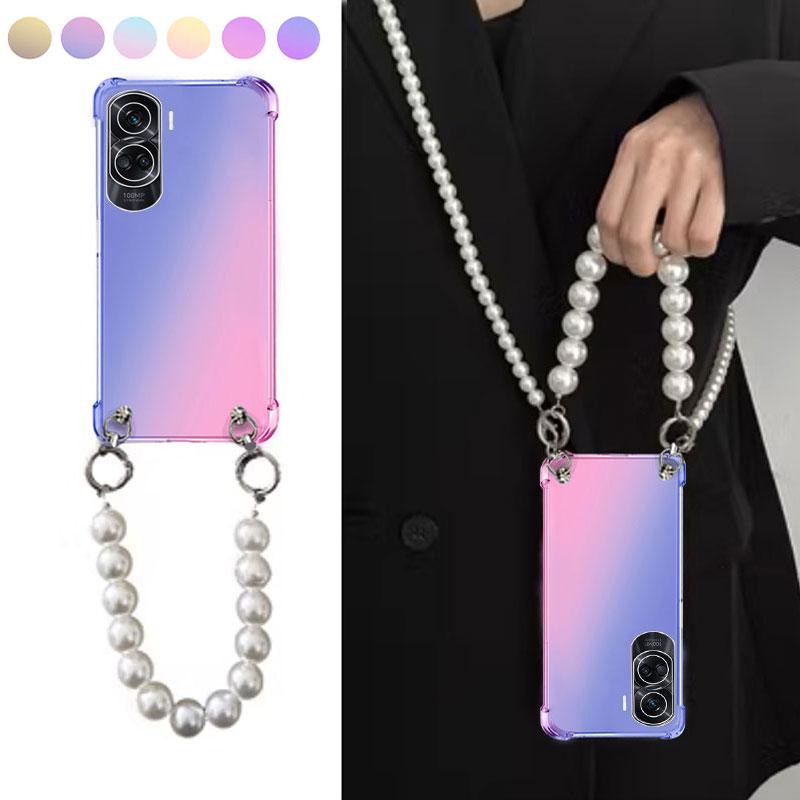 Прозрачный чехол с градиентом для Honor 90 Pro 80 70 60 50 40 30 20 Pro Plus Ultra Crossbody, жемчужный ремешок, ожерелье, браслет, противоударный прозрачный мягкий чехол
