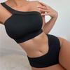 2024 Solid Color Ribbed One-Shoulder High-Waisted Bikini Swimwear