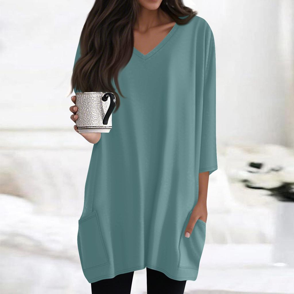 Womens Tops V-neck 3/4 Sleeve Blouses Casual Mid-length Shirts Fashion Print Tunic Tops With Pockets