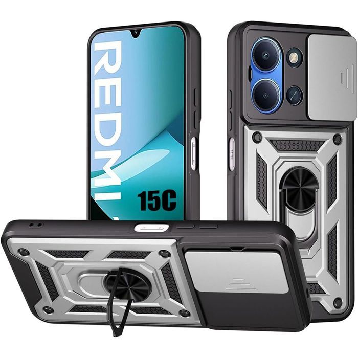 Coque Antichoc - E.F.CONNECTION - pour Xiaomi Redmi 15C 4G/5G - avec Anneau et Protection Caméra - Argenté