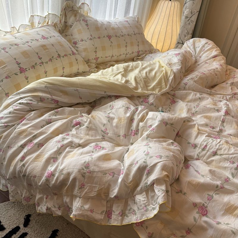 Korean Princess Duvet Cover Set Skin Friendly Wash Cotton Bedding Set Of Four Pieces Lace Bedin Set Bed Sheets Comforter Cover