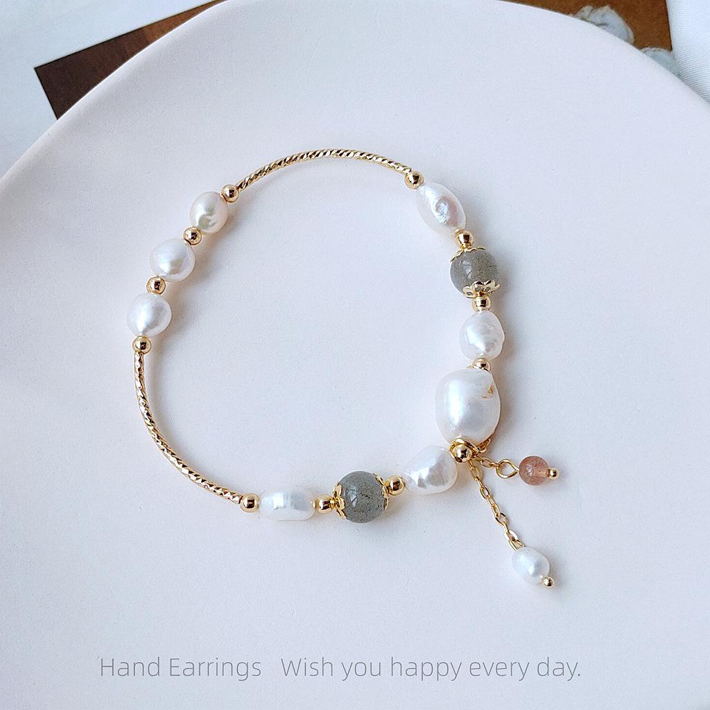 Элегантный Барочный Браслет с Позолотой 14K, Пресноводным Жемчугом и Лунным Камнем для Женщин - Идеально для Свадеб и Подарков