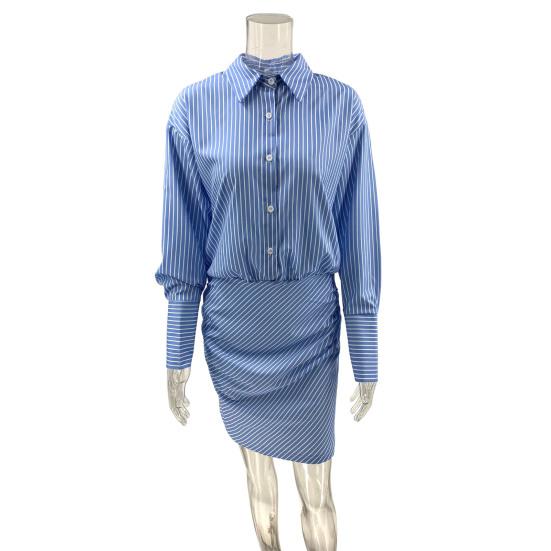 Women's Striped Shirt Dress Long Sleeve Bodycon Mini Dress Lapel Button Patchwork T-Shirt Dress Casual Summer Ladies Office Dress