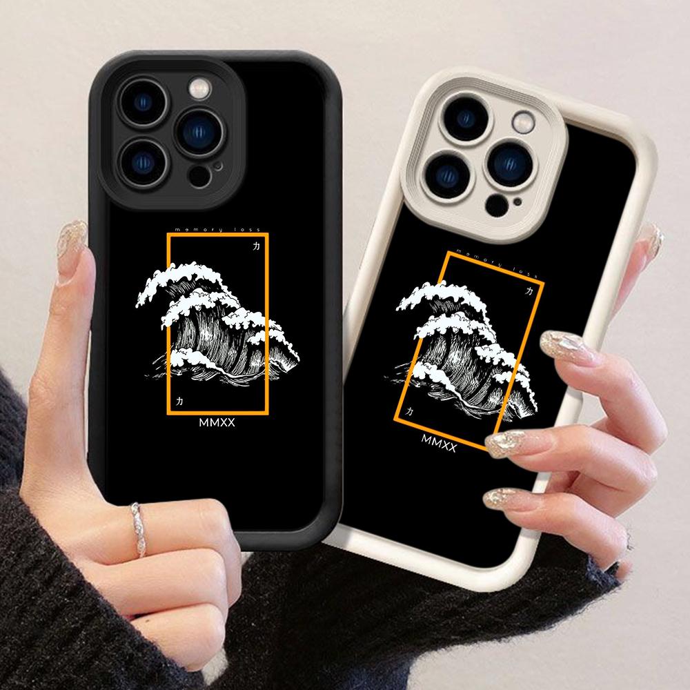 JT66 Черный Эстетичный Японские Волны Чехол для Телефона iPhone 17 Pro Max Samsung S26 S25 A17 A16 A07 A56 Xiaomi 15T Redmi Note 14 Pro Plus Мягкий ТПУ Чехол-Обложка
