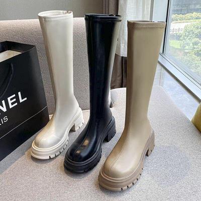 Женские эластичные ботфорты 2025 года с высоким голенищем, облегающие, на толстой подошве