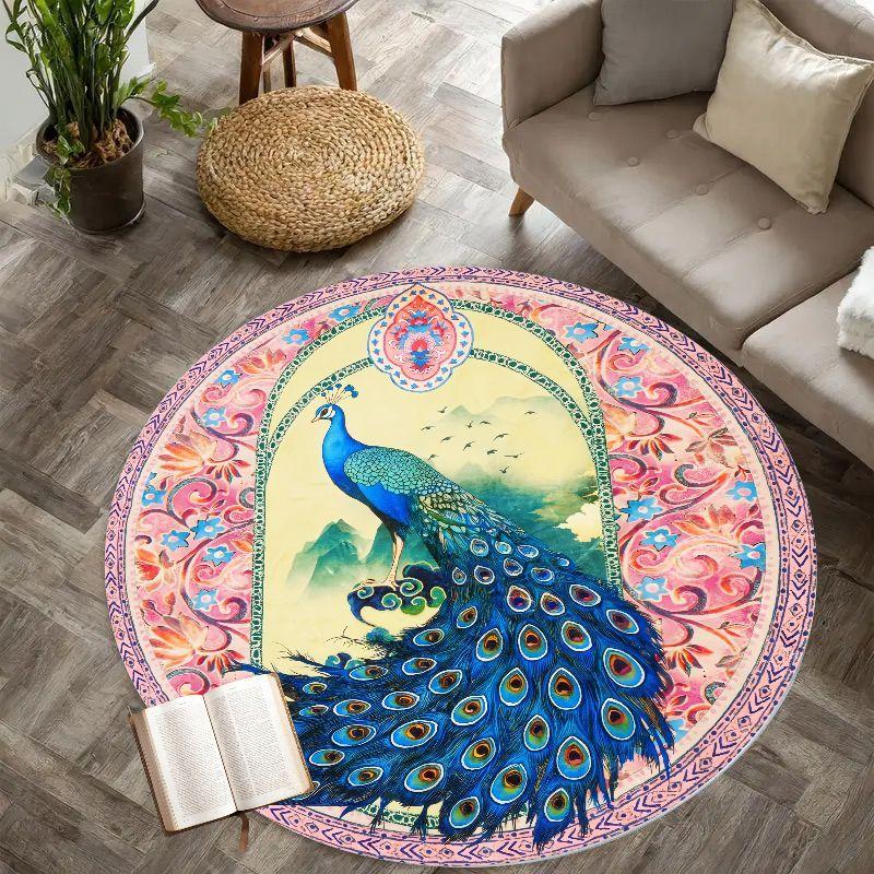 2D Peacock Design Round Doormat Flannel Soft Entryway Mat Home Decor Living Room Carpet