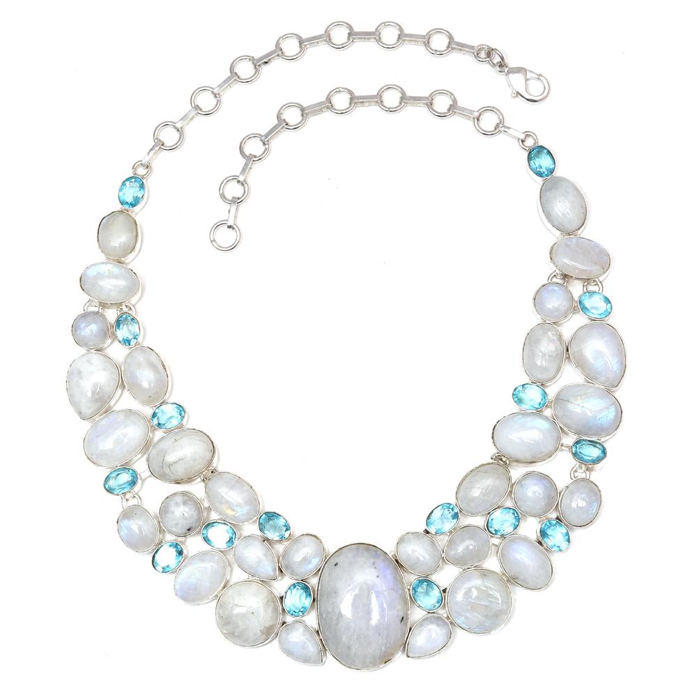 Комплект украшений из швейцарского голубого кварца с радужным лунным камнем, 16-18 дюймов