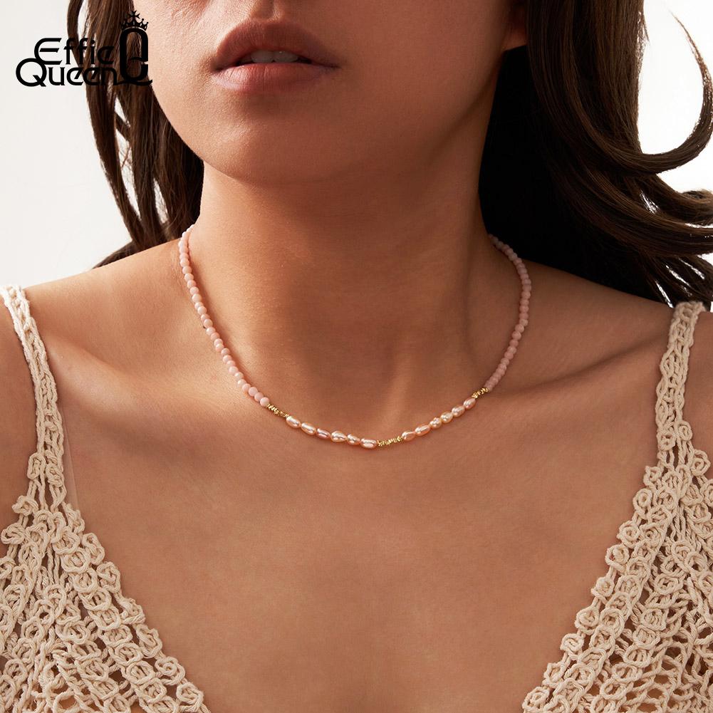 EFFIE QUEEN Серебряный 925 пробы Choker с покрытием 14K Золотом, Натуральный Пресноводный Жемчуг с Розовым Опалом, Серия Натуральных Камней, Подарок MPN05