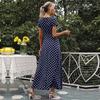 Лето-осеннее длинное платье с принтом в горошек, женское повседневное длинное платье с v-образным вырезом и коротким рукавом, бандажный пояс с высокой талией, S-XXL