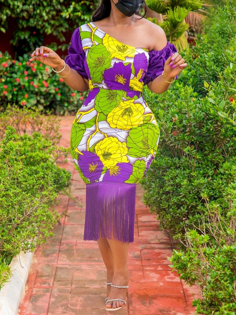AOMEI Purple Printed Fringe Dresses for Women Bare Shoulder Irregular Short Puff Sleeves Floral Bodycon Evening Party Tassel Vestidos