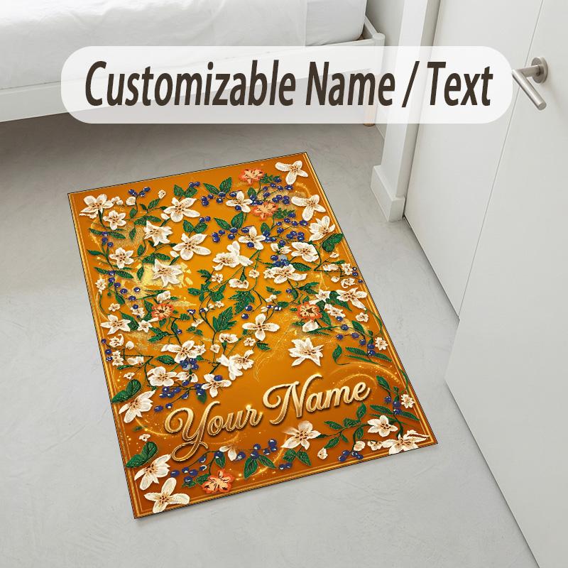 Floral Garden Theme Crystal Velvet Rug Personalized Custom Name Text Soft Floor Mat Home Decor