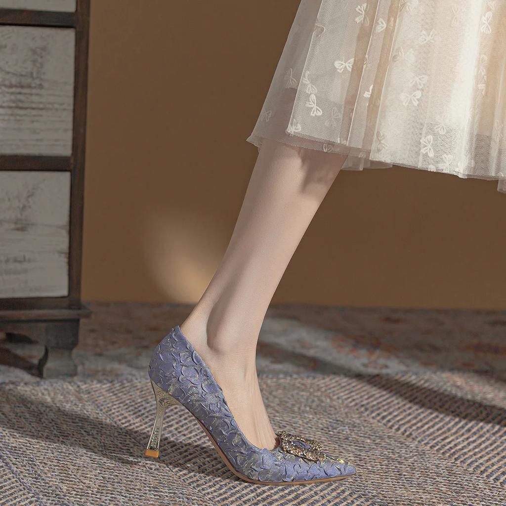 Модные летние туфли-лодочки на высоком каблуке принцессы, женские модные туфли на тонком каблуке со стразами, сексуальные туфли на одном ремешке, банкеты, свадебные вечеринки