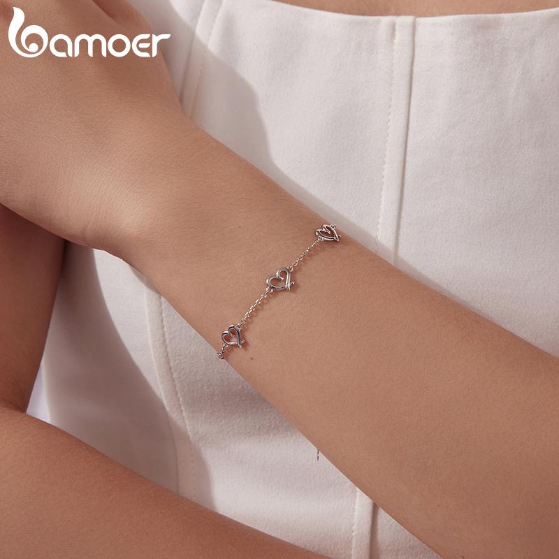 Bamoer 925 Sterling Silver Hollowed Heart Chain Bracelet Adjustable Key Lock Charm Link Chain for Women Minimalist Wrist Decor