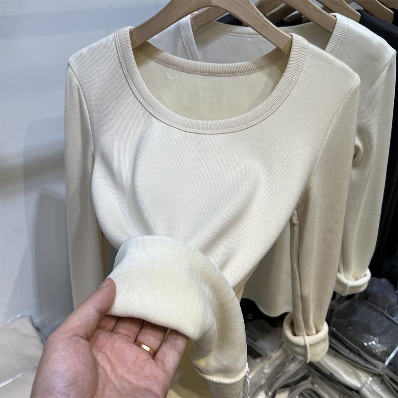 White Velvet Winter Bottoming Shirt for Women, New Style Warm Threaded Long-sleeved T-shirt, Slim Fit Clothes