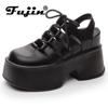 Fujin 11cm Cow Microfiber Leather Women Moccasins Summer Retro British Lace Up Platform Wedge Weave Sandals Ladies Natural Shoes