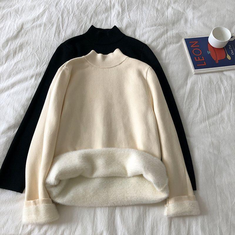 Womens Half-Collar Fleece Lined Knit Sweater Winter Warm Base Top Slim Fit Long Sleeve Pullover
