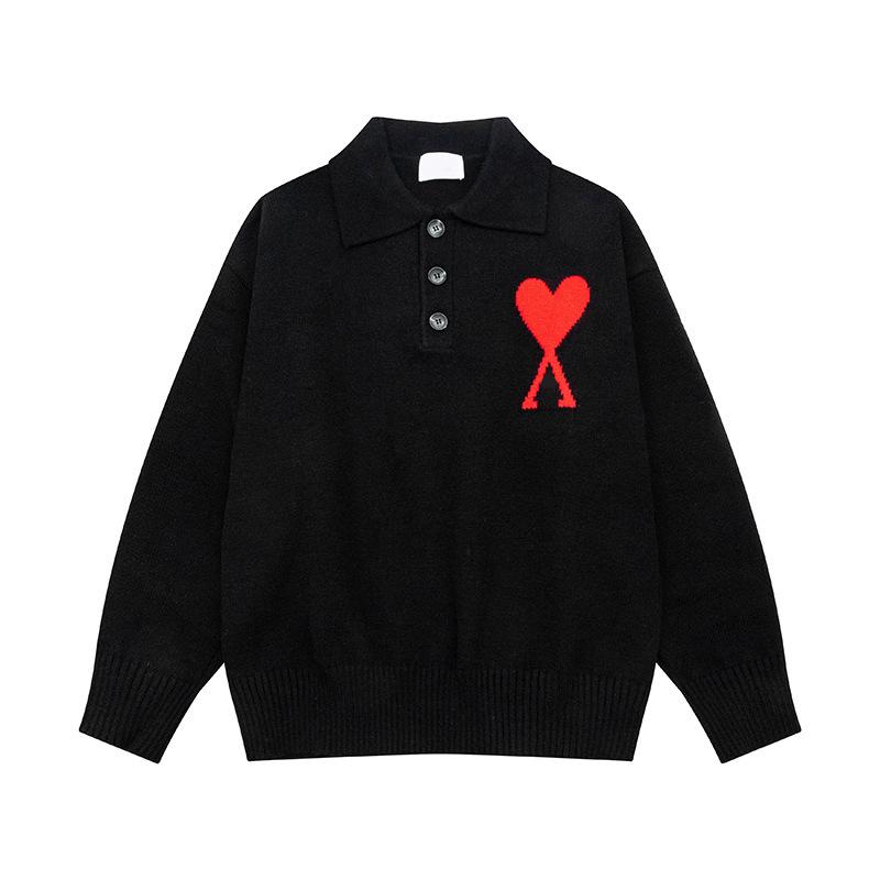 Unisex Big Heart Jacquard Knit Polo Sweater - Soft, Loose Long Sleeve