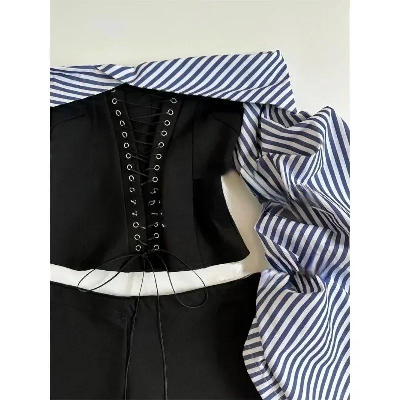 2000-е годы, милый, горячий, сексуальный костюм для женщин, осенний, полосатый, с рукавами-фонариками, топ с открытыми плечами, шорты с низкой талией, комплект из двух предметов, женская одежда