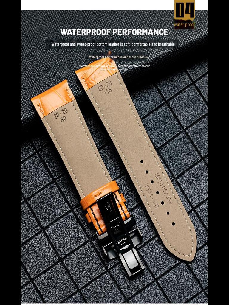 Mido Helmsman M005 Leather Strap, Black Cowhide Bracelet with Butterfly Buckle, 22-23MM