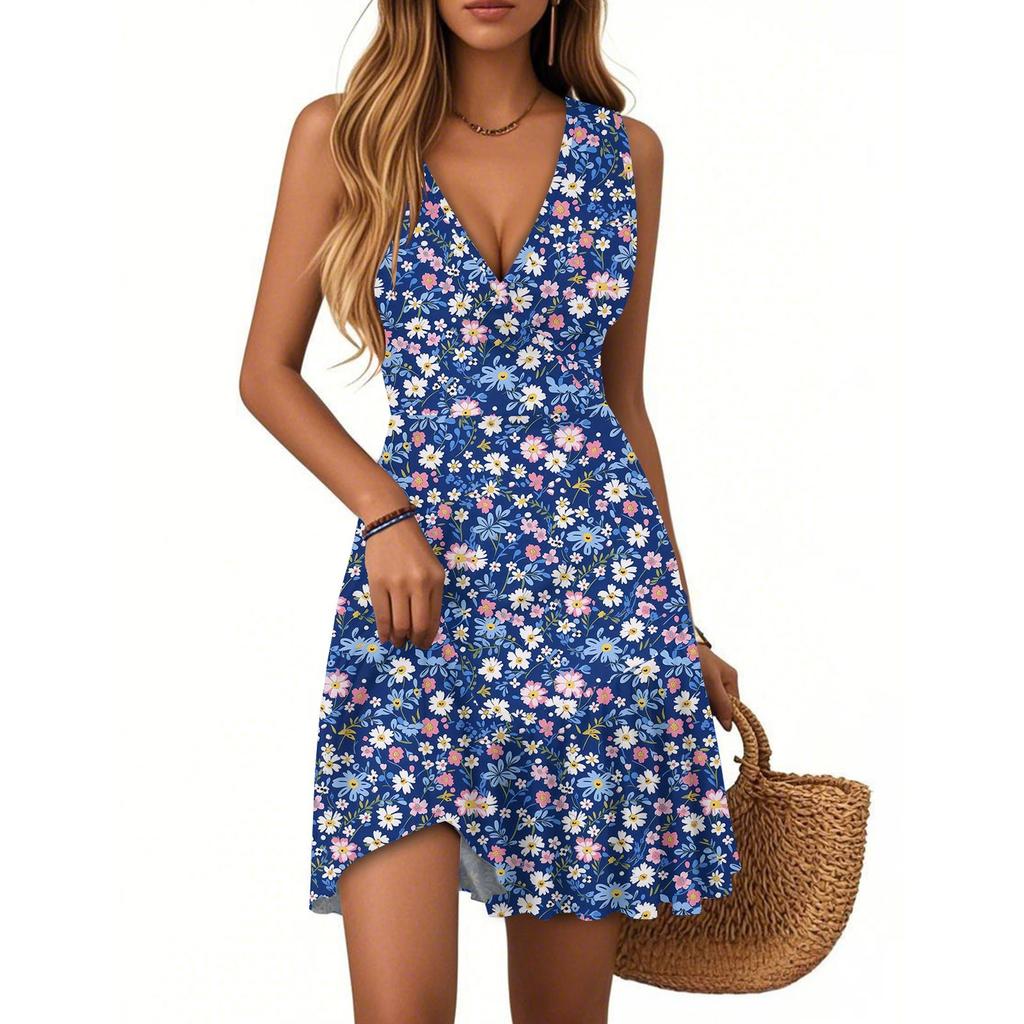 Women's Dress V-neck Sleeveless Casual Floral Print Hem Pleated Dress