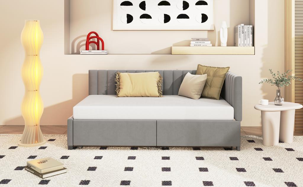 Upholstered Bed Sofa Bed 90*200 Multifunctional Bed with 2 Large Storage Drawers and Slatted Frame Skin-friendly Velvet Fabric Grey