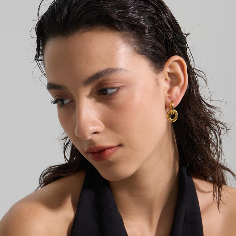 Yhpup Daily Stainless Steel Geometric Hollow Oval Drop Hoop Earrings 18K Golden PVD Plated Versatile Wear Jewelry Basic Classic