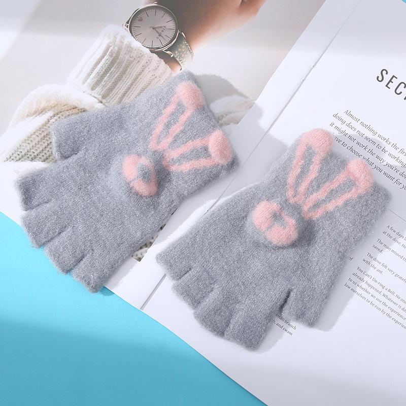 Мультяшные перчатки без пальцев, перчатки с зайчиками, полупальцевые перчатки, женские утолщенные зимние теплые перчатки, полупальцевые перчатки для студентов
