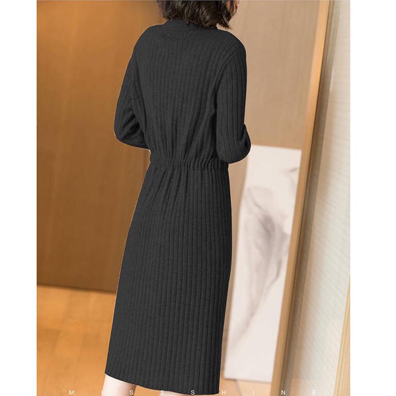 ShoesBox Женские трикотажные платья Женское платье с длинными рукавами Осень-зима Тонкие платья с отложным воротником и пуговицами